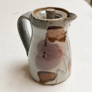 MCM Studio Art Pottery Pitcher Brown Floral Speckled Glaze Signed Vintage Decor